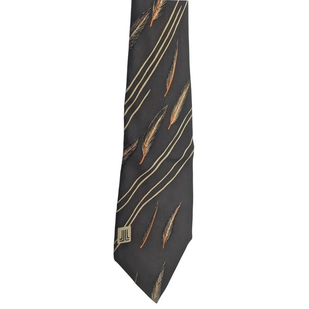 Vintage Lanvin Paris 70s Silk‎ Dark Brown Tie Feather Geometric Pattern France